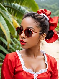 A petite Caribbean girl stands stunned on the beach in Grenada at dawn
