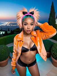 A 19 year old girl with turquoise hair sports an orange fur coat