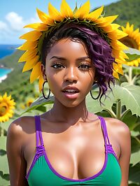 A young African woman with green eyes enjoys the Caribbean beach in St Vincent